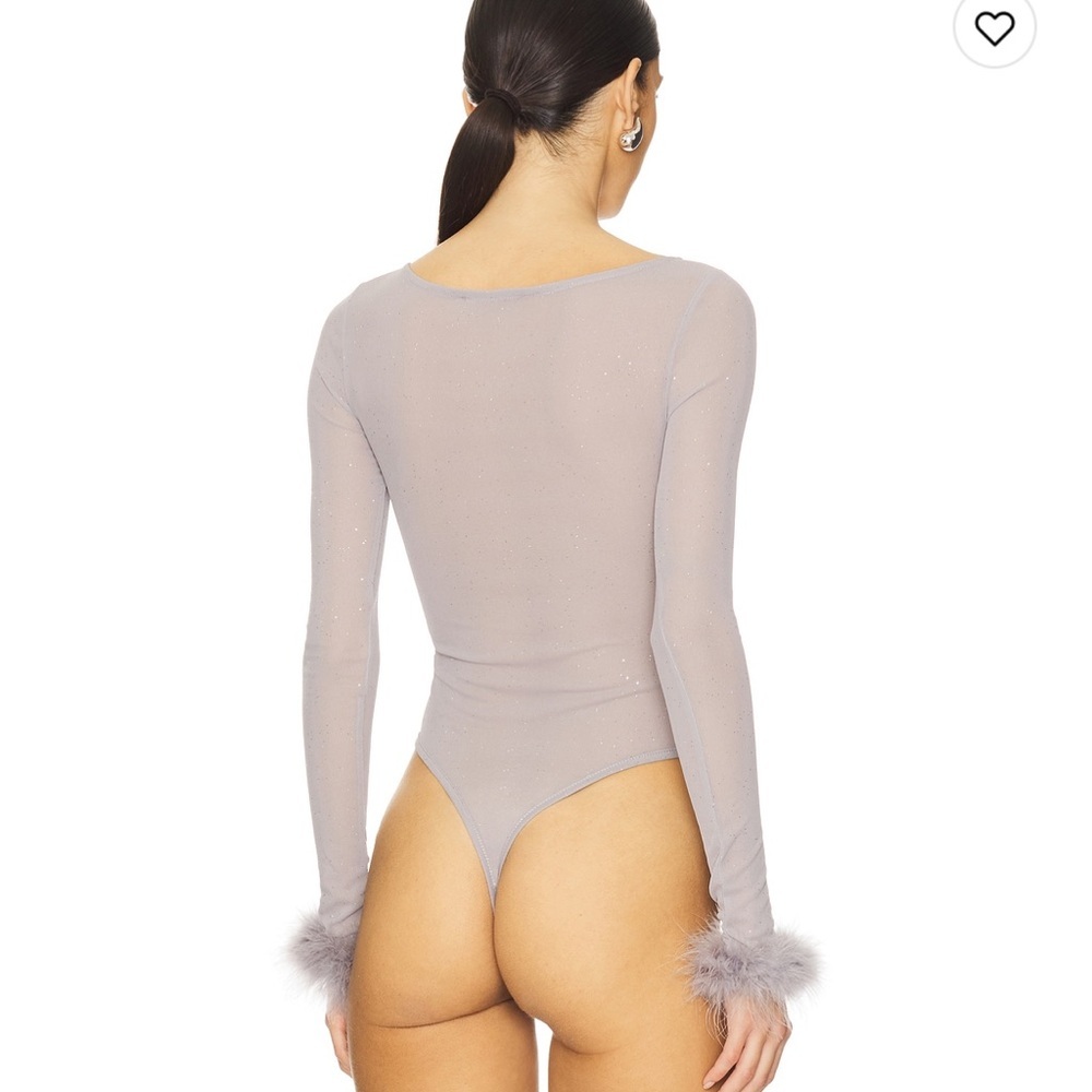 More to Come Grey Sparkle Mesh Feather Cuff Bodysuit - NWT - Size small - Picture 5 of 5
